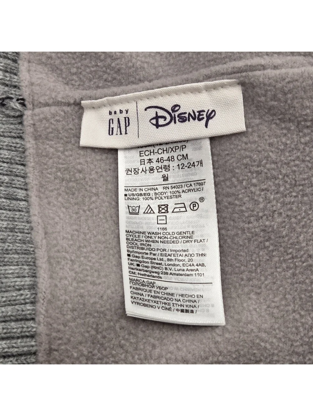 Baby Gap Disney Mickey Mouse Pom Beanie Gray 12-24 Months Fleece Lined